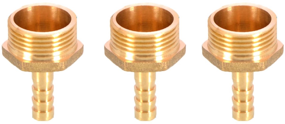 Dailygoods- Slangconnector Massief Messing - Slangkoppelingen - Slangstuk - BSP Draad - 3 Stuks - Geschikt voor Water/Lucht/Gas - Slangkoppeling