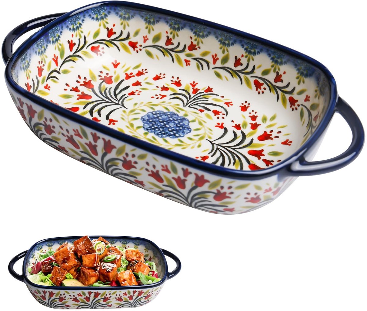 Dailygoods- Ovenschaal Keramiek - Rechthoekig - Lasagnevorm met Handvat - Voor 1 Persoon - Vintage Pannen - 23,5 x 13 x 5 cm - Bakvorm