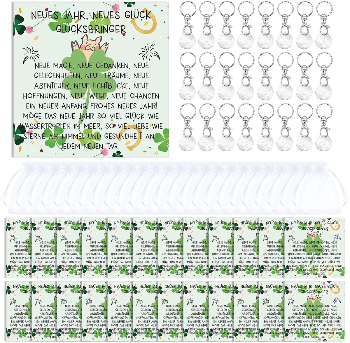 Dailygoods- Gelukscadeauset 24 Stuks - Winkelwagensleutelhangers - Nieuwjaarskaarten Spaarvarken - Geluksbrengers - Organzazakjes - Hoogwaardig Karton 8x8 cm - Nieuwjaarscadeau