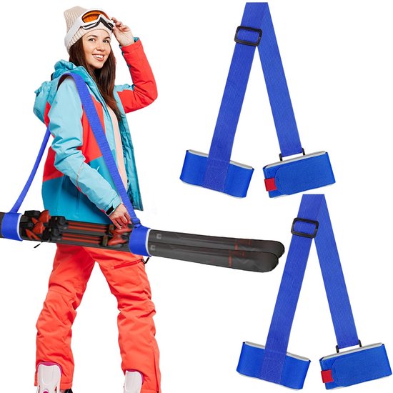 Dailygoods- Skiriemen Verstelbaar - Ski/Skistok Bevestiging - Wintersport Uitrusting - Duurzaam Nylon - 2 Paar - Blauw - Skibandjes