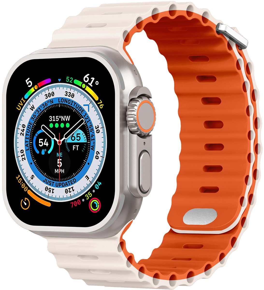 Stravo Sport Siliconen Ocean horlogebandje met metalen insteeksluiting – Geschikt voor Apple Watch 42mm (Series 11/10), 41mm (Series 9/8/7), 40mm (Series 6/5/4, SE 1/2/3), 38mm (Series 3/2/1) – Starlight / oranje