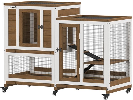 Golaro Konijnenhok - Binnenhok - Hok voor Dieren - Houten Huisdierenhok - Konijnen Huisje Met Deuren - Bruin/WIt - 110x50x86cm