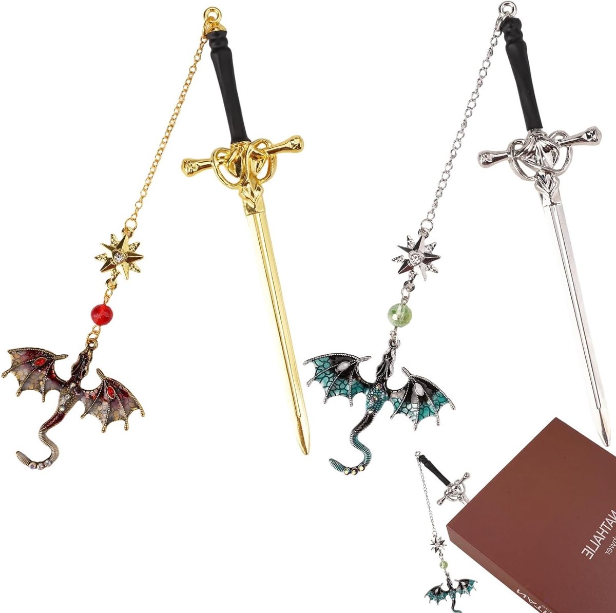 2 Stuks Metalen Boekenleggers met Zwaard en Draak, Persoonlijke Boekenlegger met Kristallen Hangertje, Creatief Cadeau voor Lezers en Vrouwen
