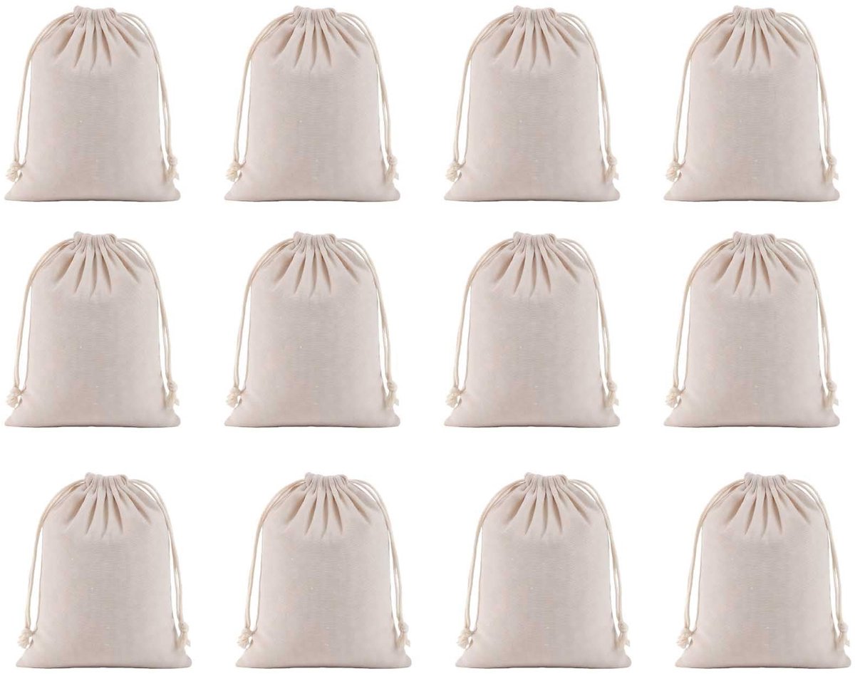 Dailygoods- Katoenen Zakjes 12 Stuks - Herbruikbare Opbergzakjes 15x20 cm - Duurzaam Katoen - Trekkoordsluiting - Milieuvriendelijk - Stevige Naden