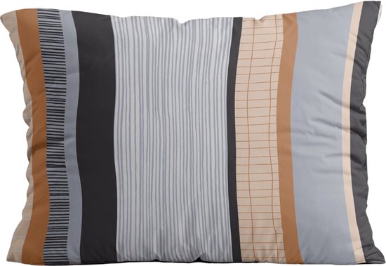 Een rechthoekig kussen met verticale strepen in blauw, grijs, zwart en oranje.