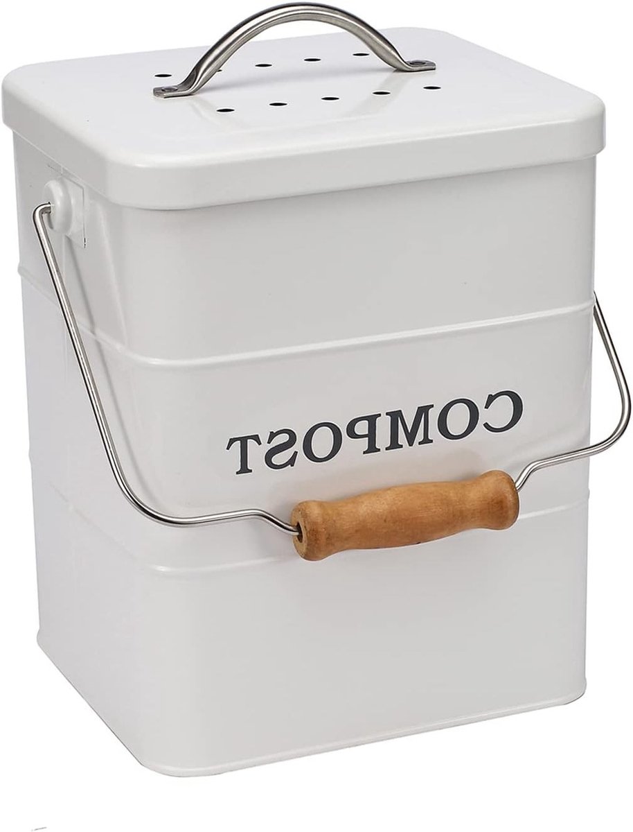 Compostbak voor Keukenaanrecht, 1 Gallon, Met Houten Deksel en Actieve Koolfilter - Duurzaam en Stijlvol voor Thuis Composteren