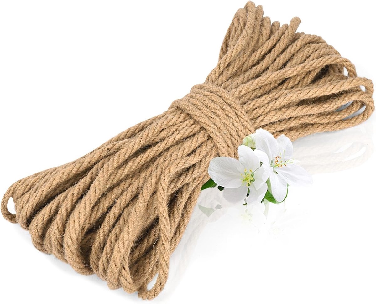 Jute Touw 10m - 8mm Dikte Natuurlijke Gevlochten Tuin Touw voor Krabpaal, Tuinieren, Kamperen en Creatieve Decoratie