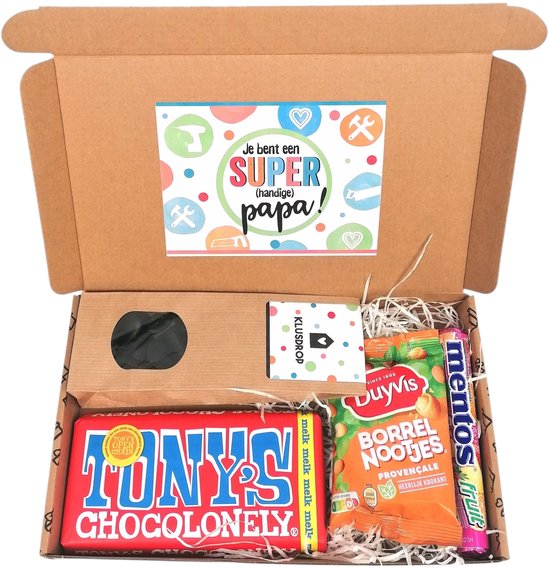 Cadeau Vaderdag - coffret cadeau boîte aux lettres - Tu es un papa super (bricoleur) - chocolat - réglisse - noix