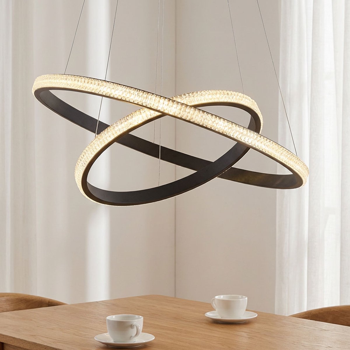 Hanglamp plafond LED hanglamp eetkamerlamp kristallen woonkamerlamp, aluminium, zwart, memory functie, LED 3000K warm wit, DxH 61x120 cm