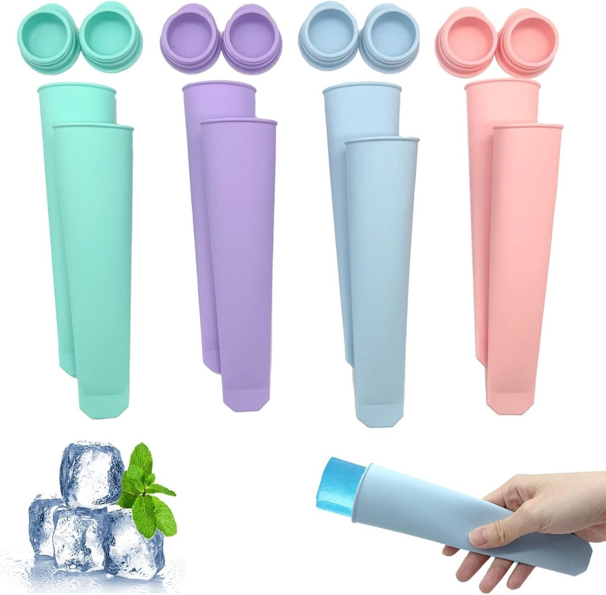 Herbruikbare siliconen ijsvormpjes voor kinderen en volwassenen - 8-delige set voor ijsblokjes en ijslolly's, perfect voor warme dagen en feestjes