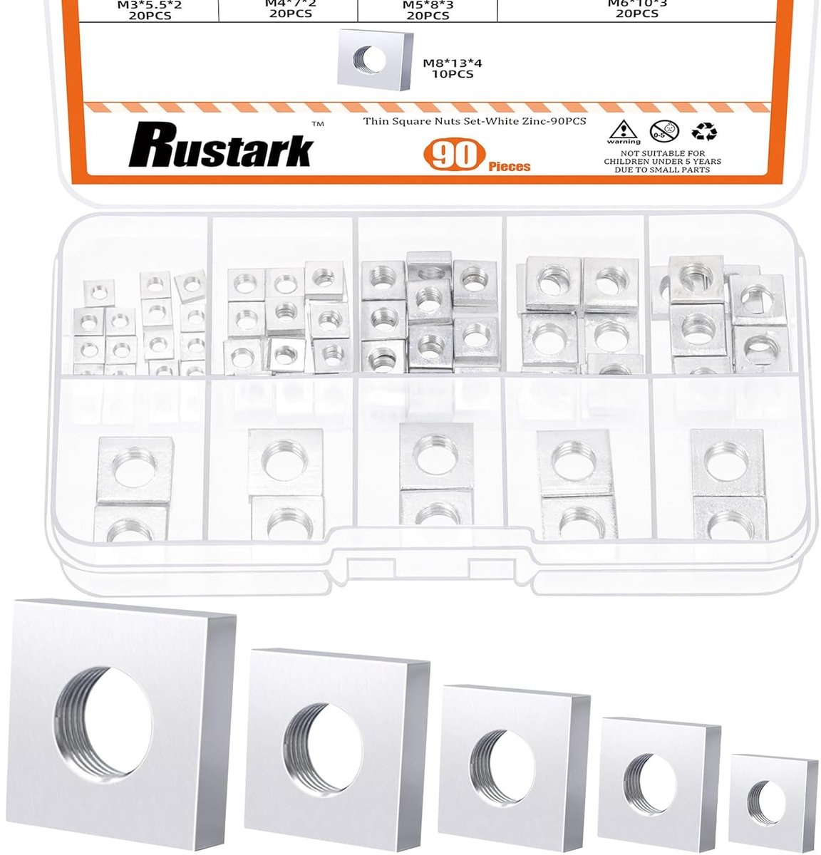 90pcs M3 M4 M5 M6 M8 vierkante moeren assortimentsset - wit verzinkt - metrische draad - machine vierkante moeren voor mechanische en elektronische apparatuur