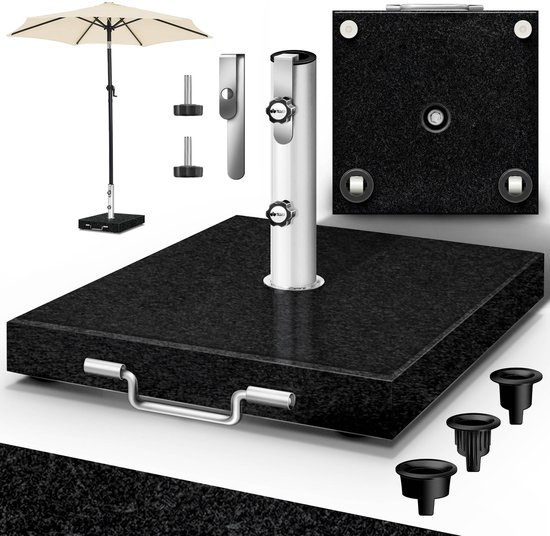Zwarte parasolvoet met RVS buis, handgreep, wielen en meegeleverde adapters.