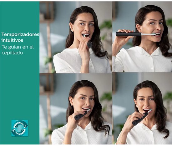 Vrouw met donker haar toont de QuadPacer en SmarTimer functies van een zwarte sonische tandenborstel.