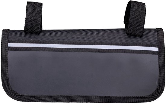 Een zwarte frame tas voor een fiets met twee klittenbandsluitingen en een reflecterende streep.