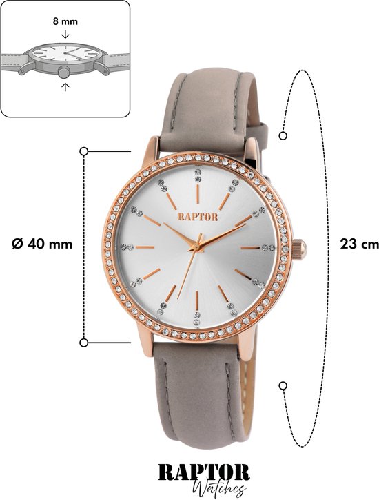 Raptor horloge met afmetingen: 40 mm kastdiameter, 23 cm bandlengte en 8 mm dikte.