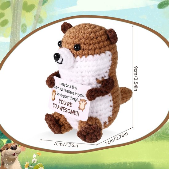 Gehaakte Otter - Pluche Dier Steundier - Decoratie en Cadeau - Handgemaakt met Bemoedigingskaart - 9x7x6cm - Multicolor — afbeelding 2