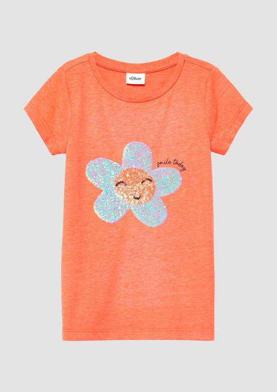 Oranje T-shirt met een glinsterende bloem met gezichtje en de tekst "smile today".