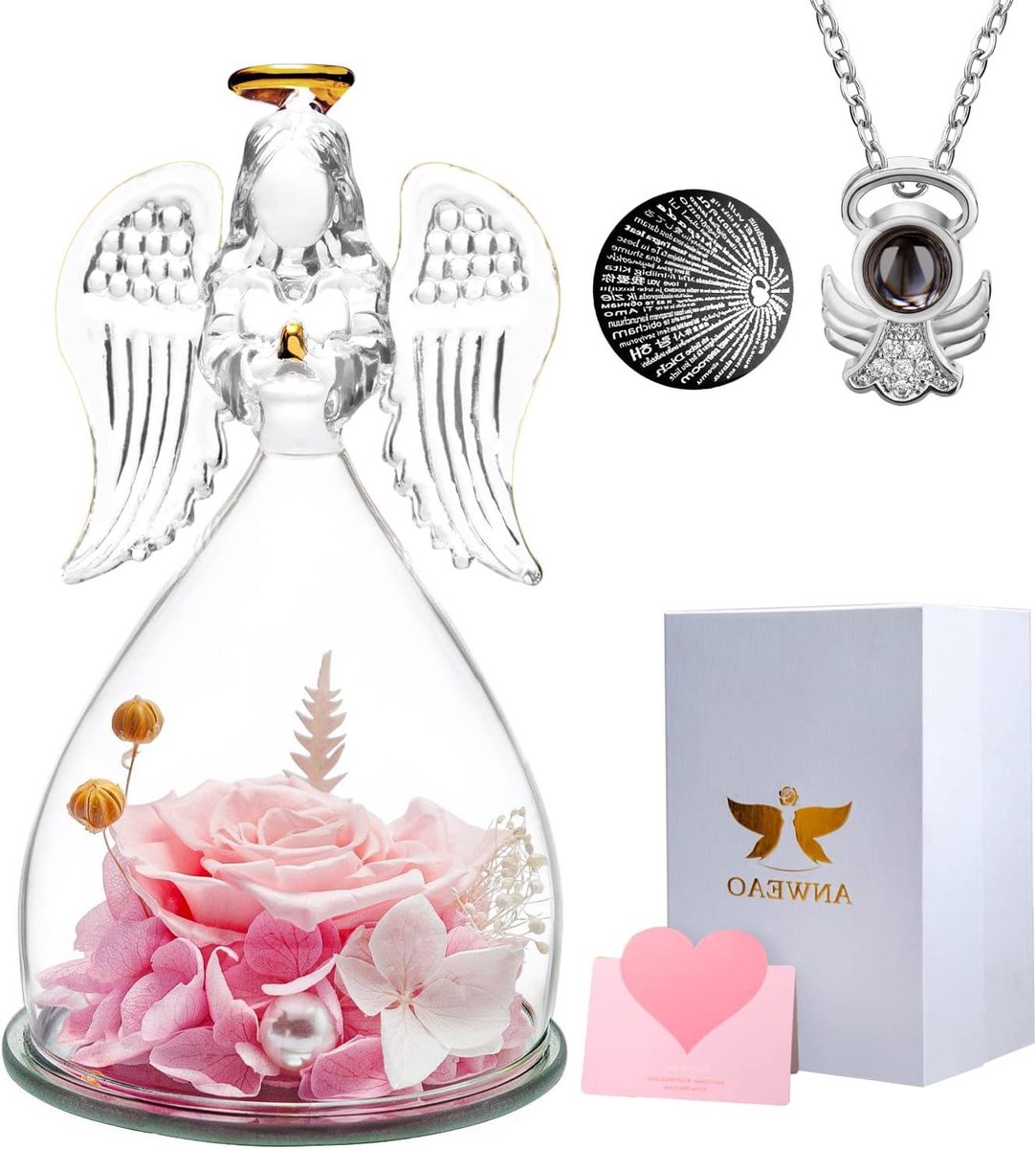 Roos met Engel - Eeuwige Bloem - Cadeau geven - Glas en Steen - 49 x 28 inch - Roze