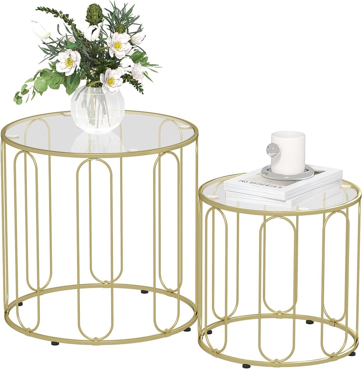 Salontafel Set - Bijzettafels Nest - Woonkamer Inrichten - Glazen Bladen Metalen Frame - 40 en 50 cm - Goud