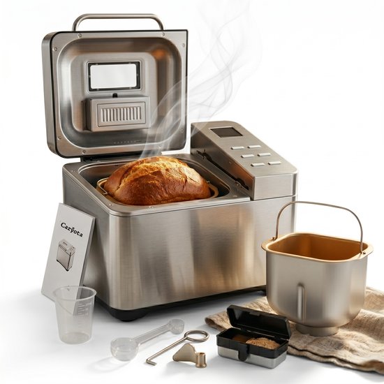 Roestvrijstalen broodbakmachine met een versgebakken brood erin, open deksel, bakvorm en accessoires.