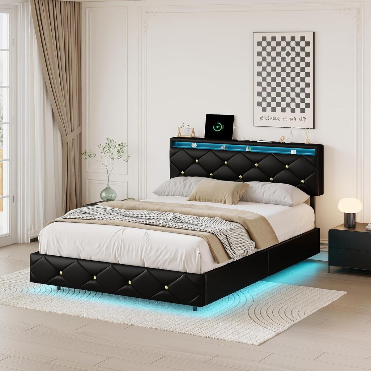 Tweepersoonsbed - Bedframe met lattenbodem - Moderne slaapkamer - Zwevend ontwerp - 160x200 cm - Zwart
