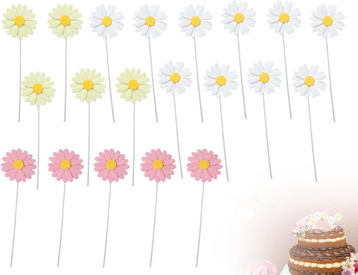 Set van 20 Papieren Cake Decoraties met Margrieten voor Verjaardagsfeesten, Babyshowers en Feestjes, Inclusief Cake Toppers en Versieringen