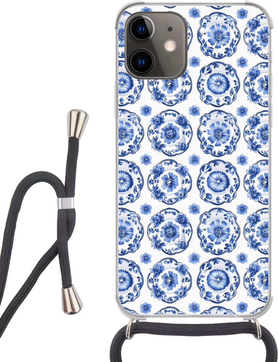 Telefoonhoesje Geschikt voor iPhone 11 - Sierborden - Bloemen - Blauw - Siliconen - Crossbody - Backcover met Koord - Telefoonhoesje met koord - Hoesje met touw Telefoonhoesje
