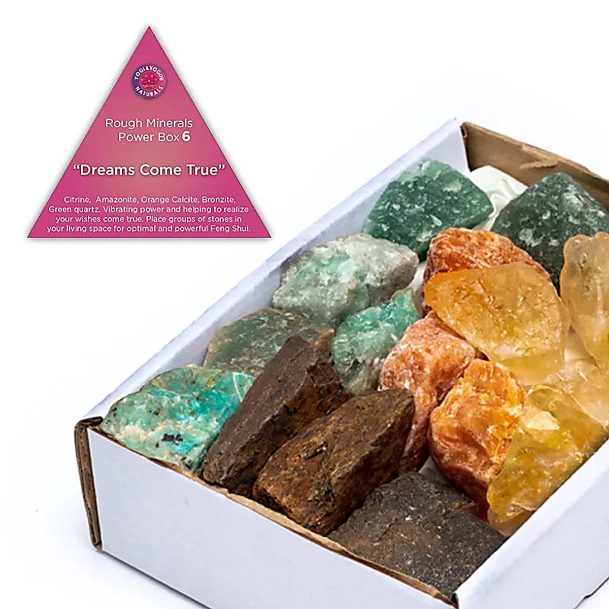 Phoenix Import Mani Bhadra Power gift box 6 Dreams come true edelstenen Ruwe Citrien (gebrande amethist), amazoniet, oranje calciet, bronziet & groene kwarts Meerkleurig