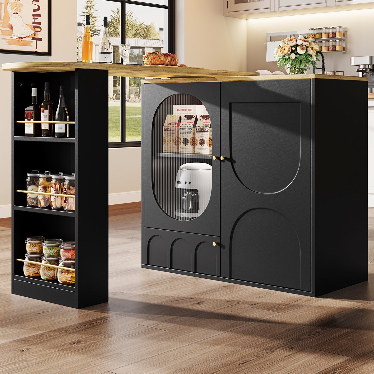 MIVRAY Bartafel - 360 Graden Draaibaar Met 3 Deuren En Opbergruimte - Voor Keuken En Woonkamer - MDF En Metaal - Zwart