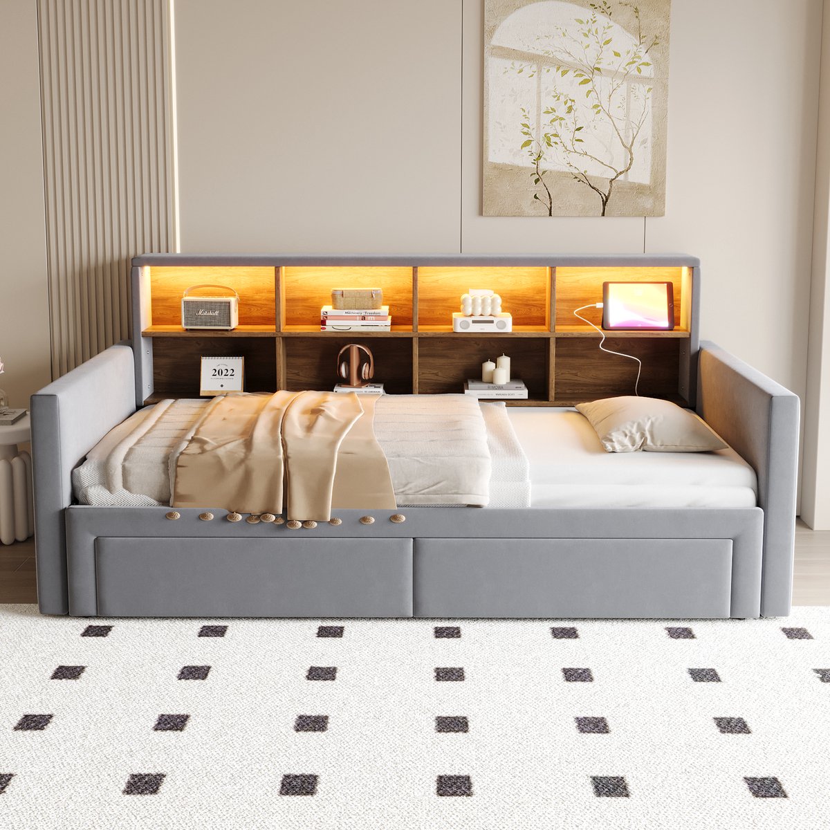 FloraGrace Gestoffeerd Bed 90x190 cm - Uitschuifbaar Met Led En Usb - 2 Laden En Hoofdbordopberging - Donkergrijs - Zonder Matras