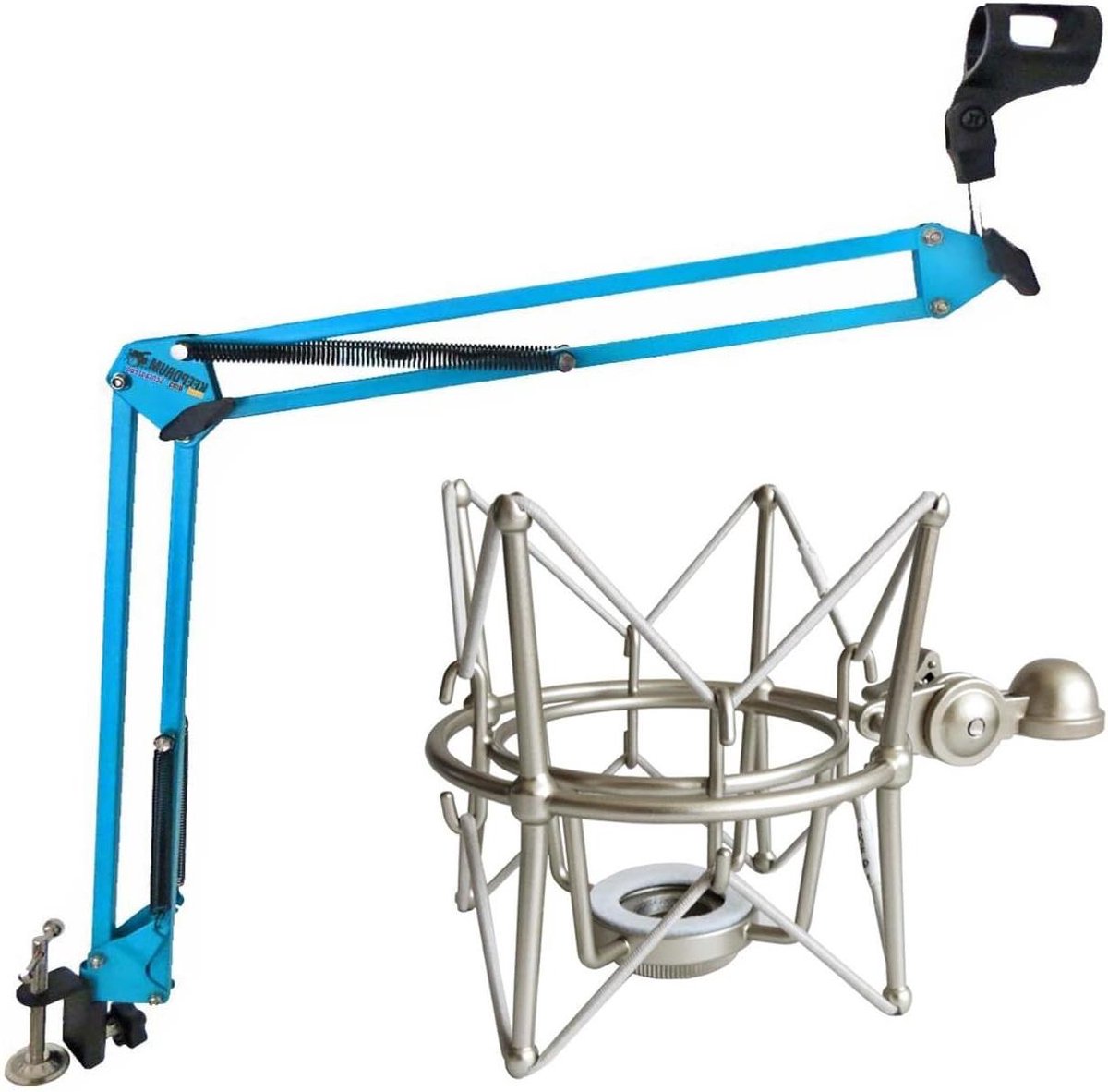 Microfoon Statief - Scharnierarm Arm - Opnemen Podcasts - 360 Graden Draaibaar - 57 cm Armlengte - Blauw Zilver