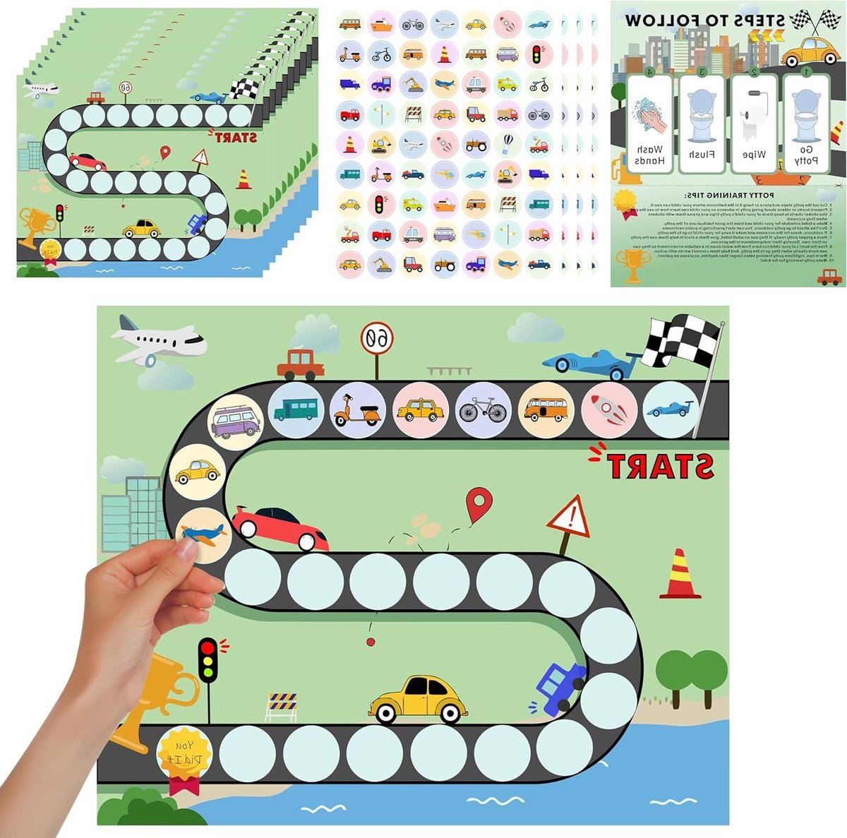 Zindelijkheidstraining Grafiek - Potjestraining Stickers - Goede Gewoonten Ontwikkelen - Voertuigthema met Stickers - 15 Stuks - Groen