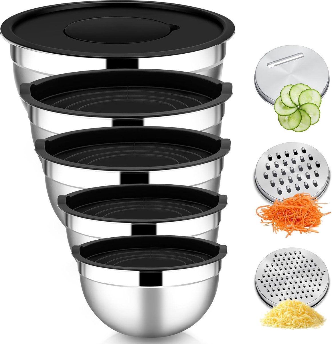 Mixing bowl 5-piece set - met 3 rasp attachments - zwart