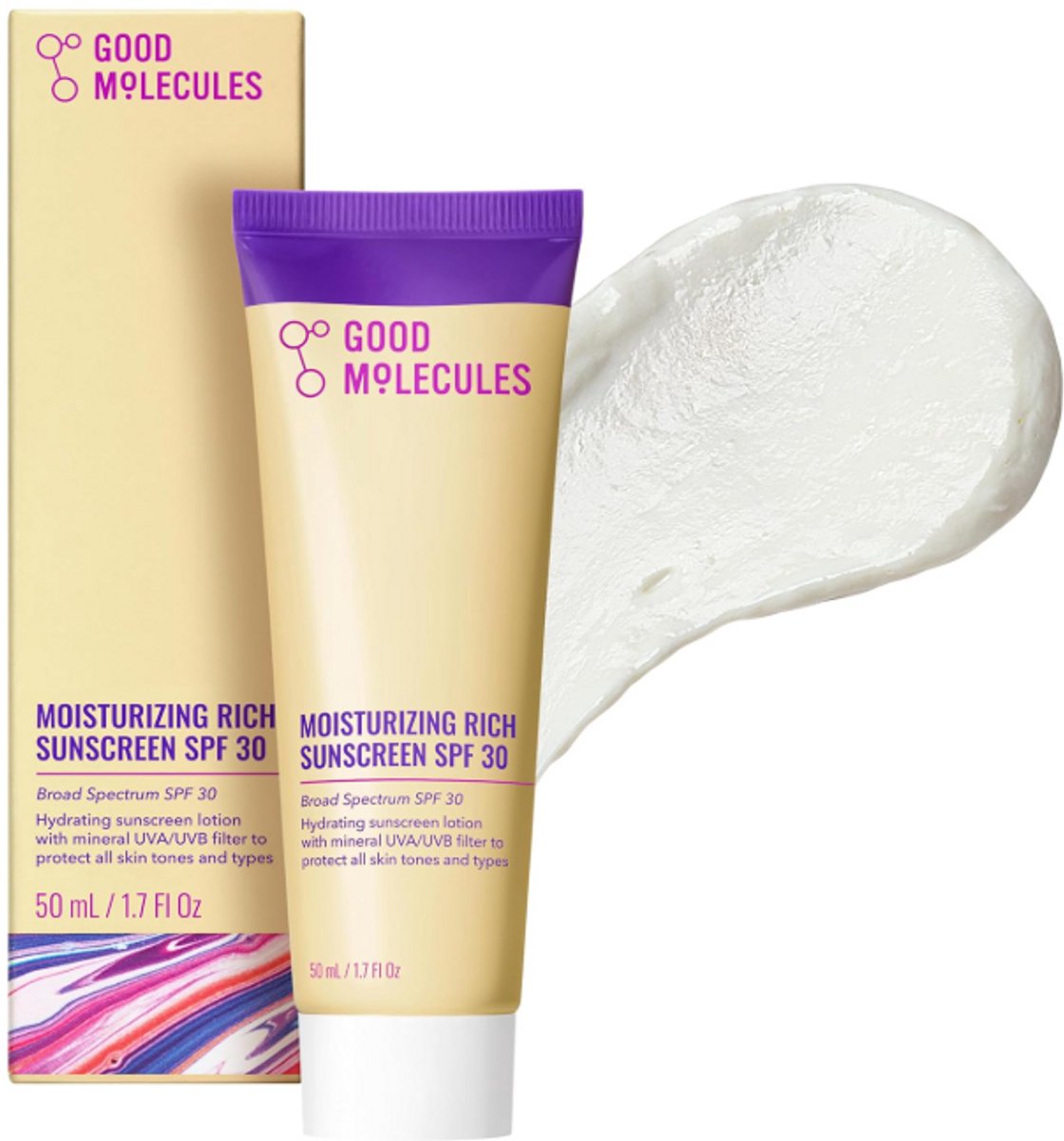 Good Molecules Moisturizing Rich SPF 30 Sunscreen 50ml - Minerale Zonnebrand Gezicht met Zinkoxide – Hydraterend, Parfumvrij, Zonder White Cast – Breedspectrum UVA/UVB Bescherming