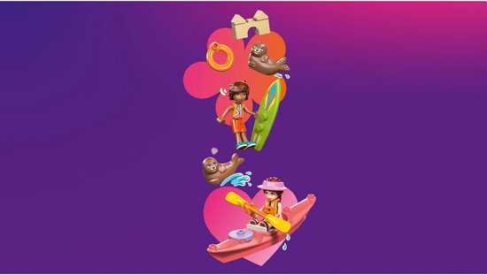 LEGO Friends minipoppen in kajak, op surfplank en met zeehonden, zwevend.