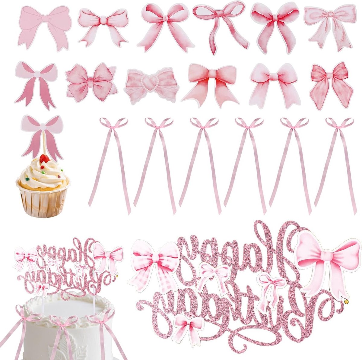 Verjaardagstaartdecoraties met Roze Strik, Papieren Bogen en Cupcake Toppers voor Feestjes en Bruiloften - Praktische Accessoires voor Taartdecoratie