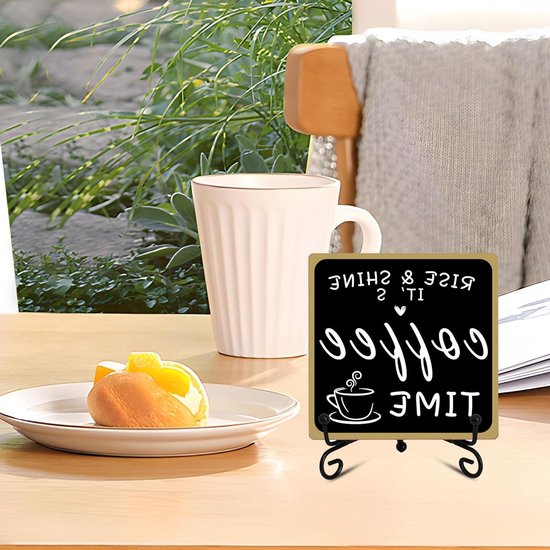 Koffiebar Decoratie van Hout - Zwart en Wit met IJzeren Stand voor Tafel en Plank - Ideaal voor Koffiestation, Keuken en Kantooraccessoires — afbeelding 4