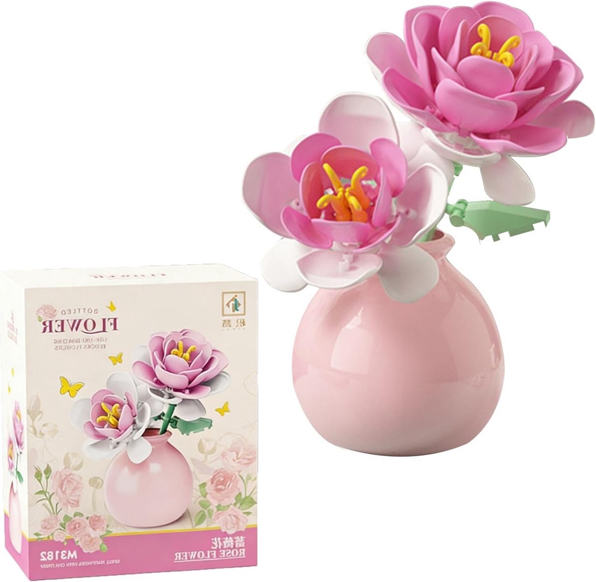 DIY Bouwset met Kunstbloemen en Clamp - Rozen en Bonsai in Plastic Vaasje voor Thuisdecoratie en Kantooraccessoires