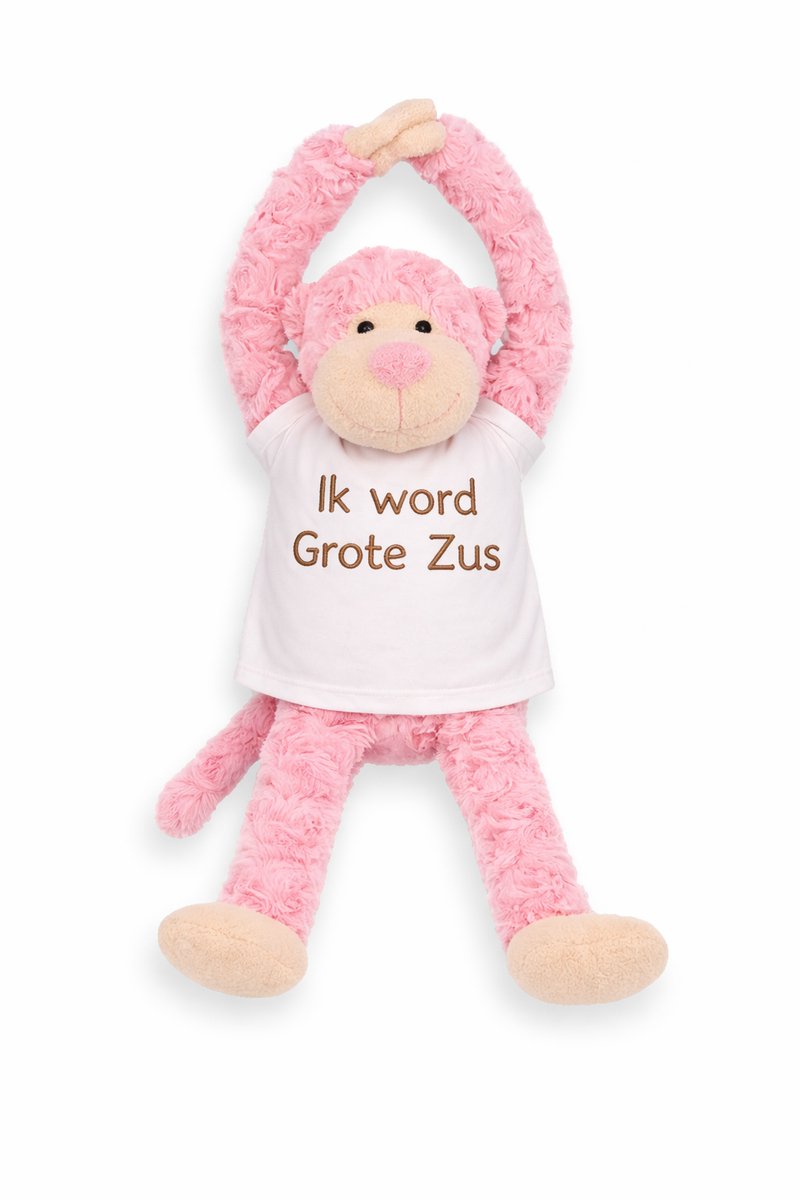 Knuffel Aap met Geborduurd Shirt “Ik word grote zus” – Zwangerschap Aankondiging – Cadeau Grote Zus – Knuffel met Tekst – Baby Aankondiging – slinger aap