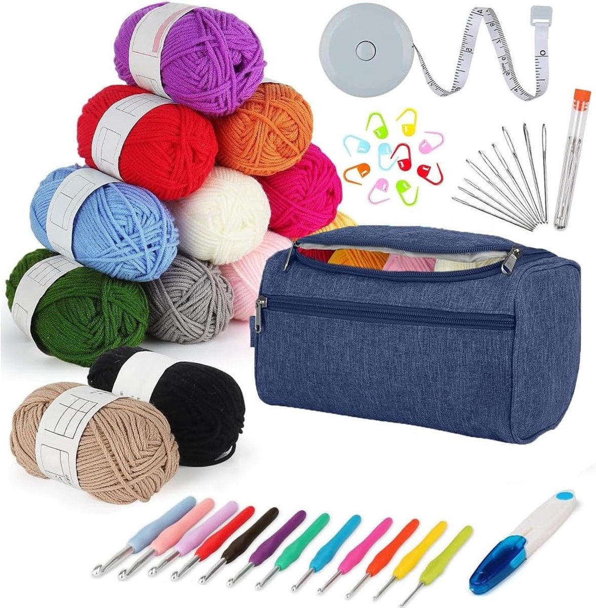 Set van 46 Haaknaalden voor Beginners met 12 Kleuren Haakgaren, Ergonomische Haaknaalden 2-8 mm, Inclusief Blauw Haakzakje en Accessoires voor Breien en Haken