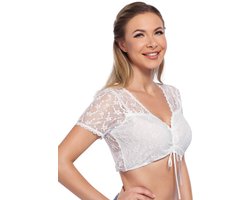 Dames crop top met kant Boho crop top Doorschijnende top met V-hals Shirt van elastisch netstof Dunne zomerse feesttop Wit 34