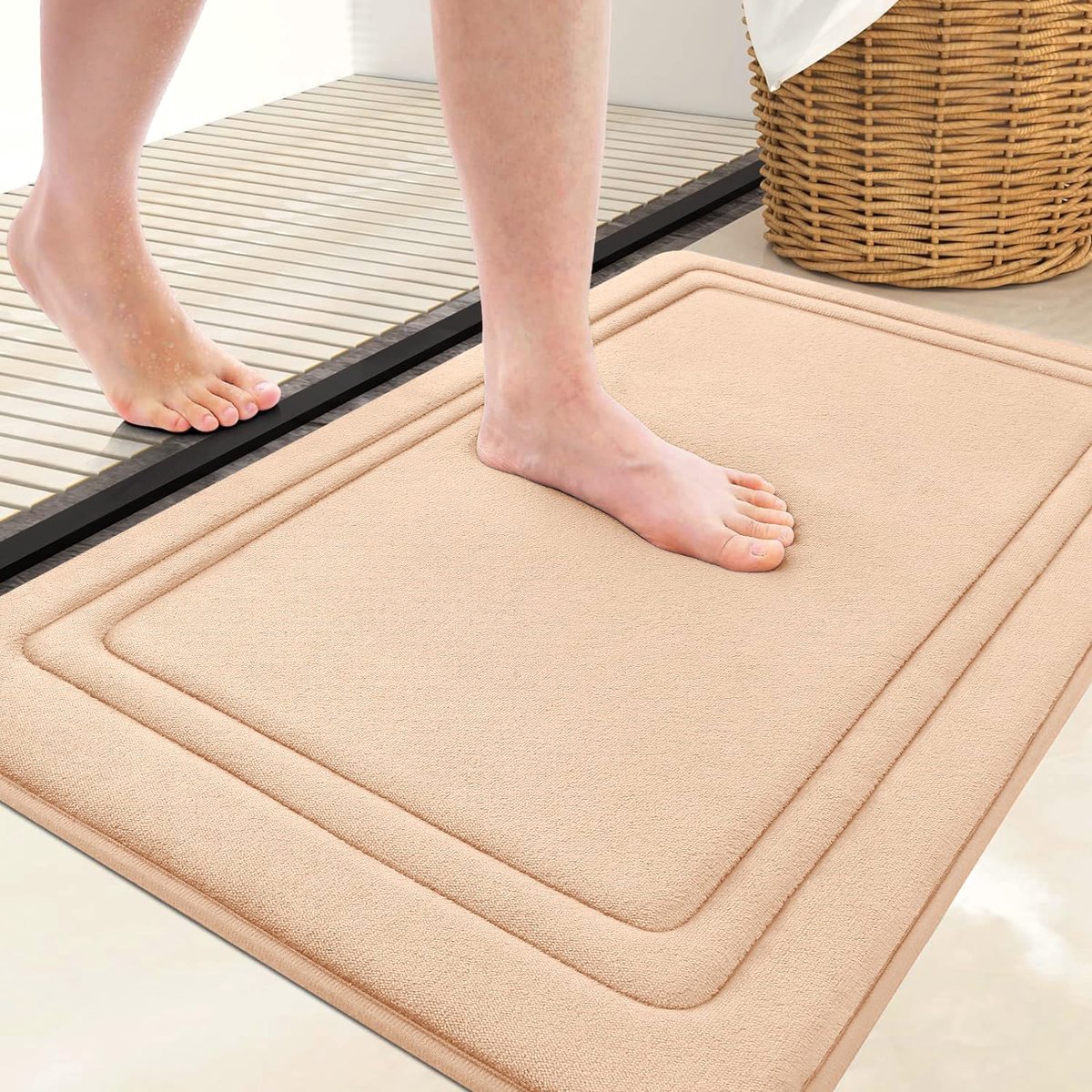 Olanly Badmat Antislip- Absorberende Badkamermat - Douchemat - Badkamermat Van Traagschuim - 61x90 cm - Beige- Super Zacht