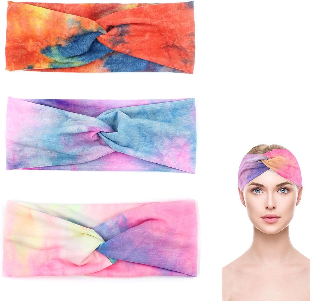 Brede Elastische Zomer Haarbanden voor Dames - 3 Stuks in Tie Dye Print, Boho Haaraccessoires en Yoga Bandana Multi-Kleur