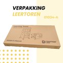 Verpakking van een naturel houten leertoren met afbeelding van de leertoren en speeltafel.