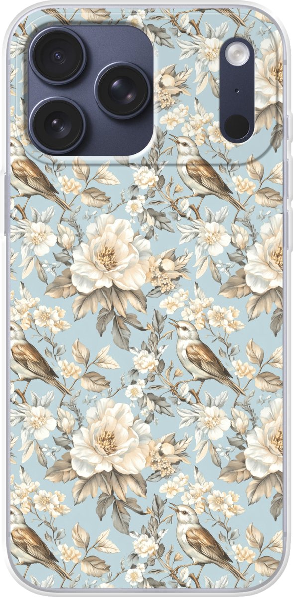 Telefoonhoesje Geschikt voor iPhone 17 Pro max hoesje - Botanisch - Zangvogel - Blauw - Siliconen Telefoonhoesje Telefoonhoesje