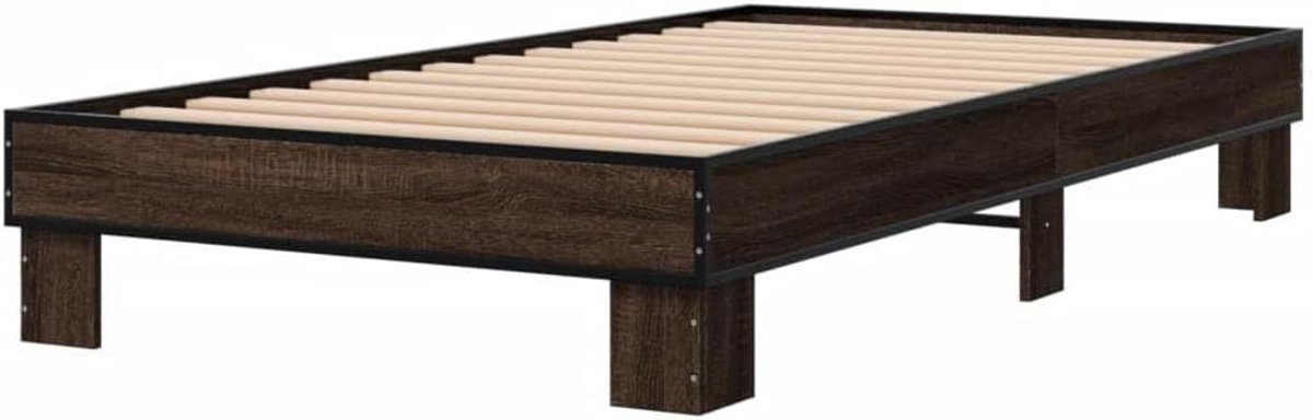 Bedframe Hout Metaal - Bedombouw Slaapkamer - Goede Nachtrust - Multiplex Lattenbodem - 100x200 cm - Bruin Eikenkleur