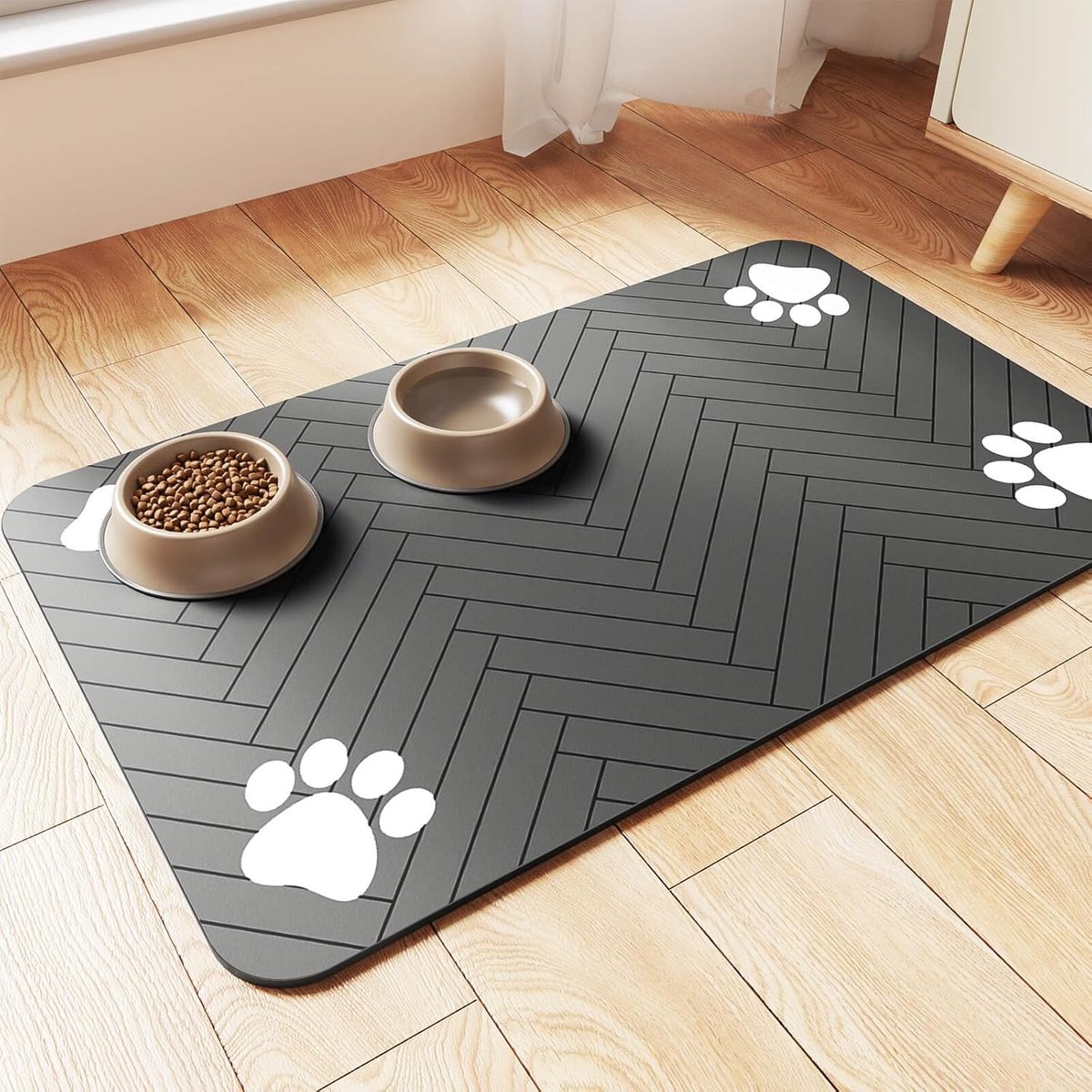 OLOEY Voer-en drinkmat voor huisdieren-Absorberende mat voor voer-en waterbakken-waterdichte rubberen onderkant-sneldrogende drinkmat-geschikt voor katten en honden (51 x 30 cm-gestreept donkergrijs)