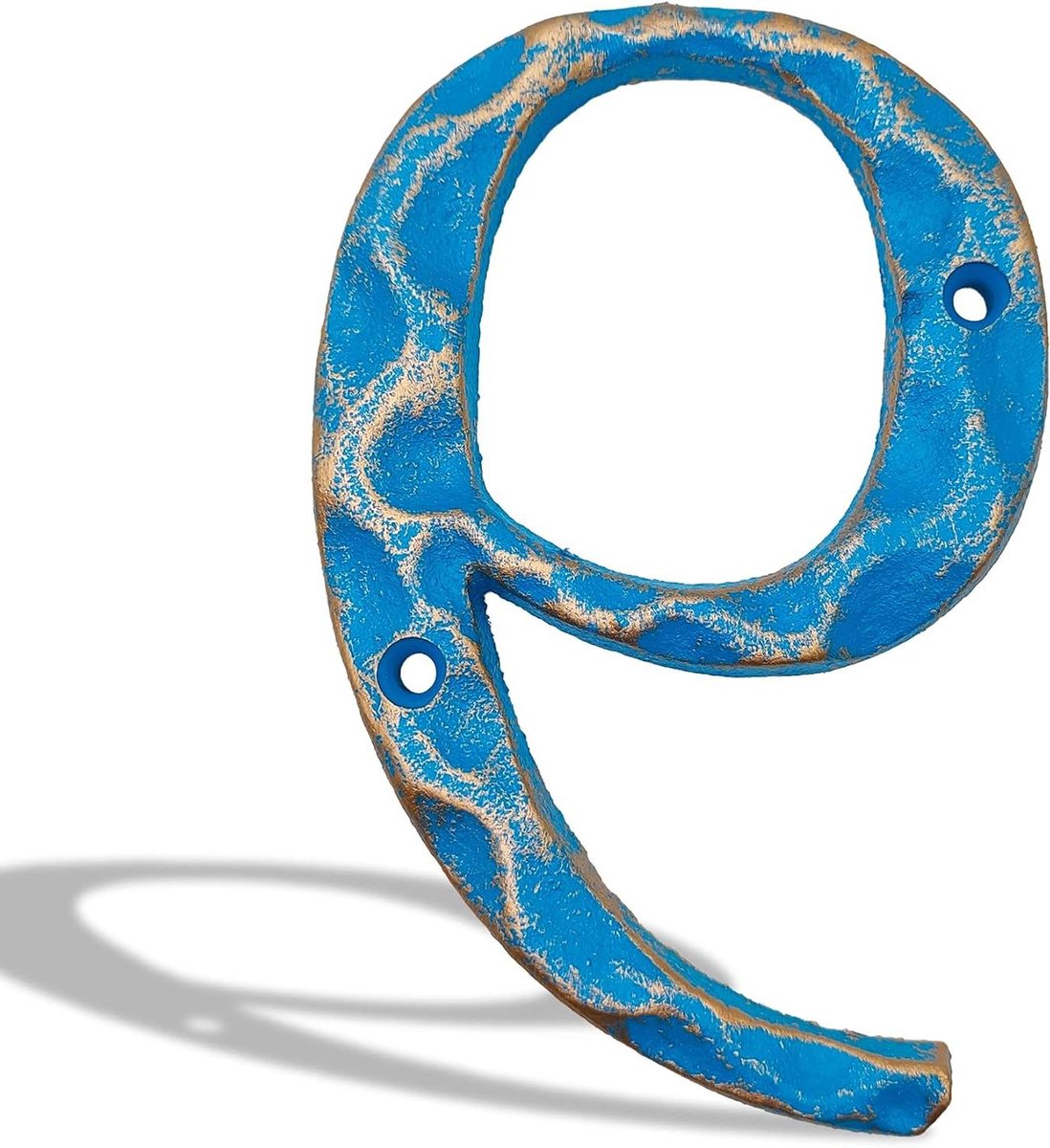 Huisnummer Gietijzer - Adresnummer Metaal - Voordeur Decoratie - Handgemaakte Afwerking - 55 inch hoog - Goud Blauw