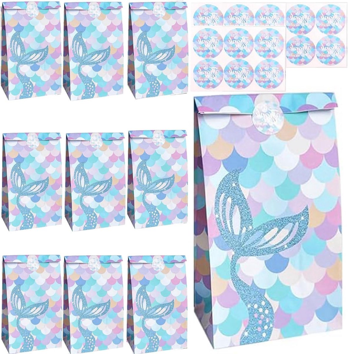 15 Stuks Zeemeermin Cadeauzakjes van Papier met Stickers - Kleurrijke Geschenkzakjes voor Kinderverjaardag, Snoepzakjes en Feestelijke Verpakkingen