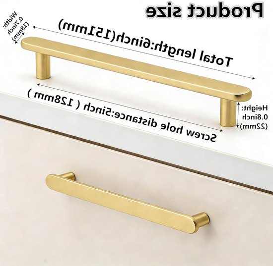 Gouden messing handgrepen van 128mm lengte en 8mm breedte.